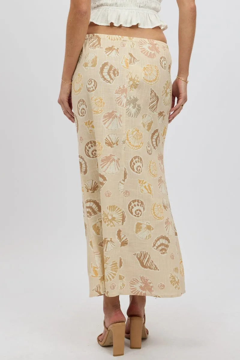 Beige Abstract Midaxi Skirt Relaxed Fit Elastic Waist