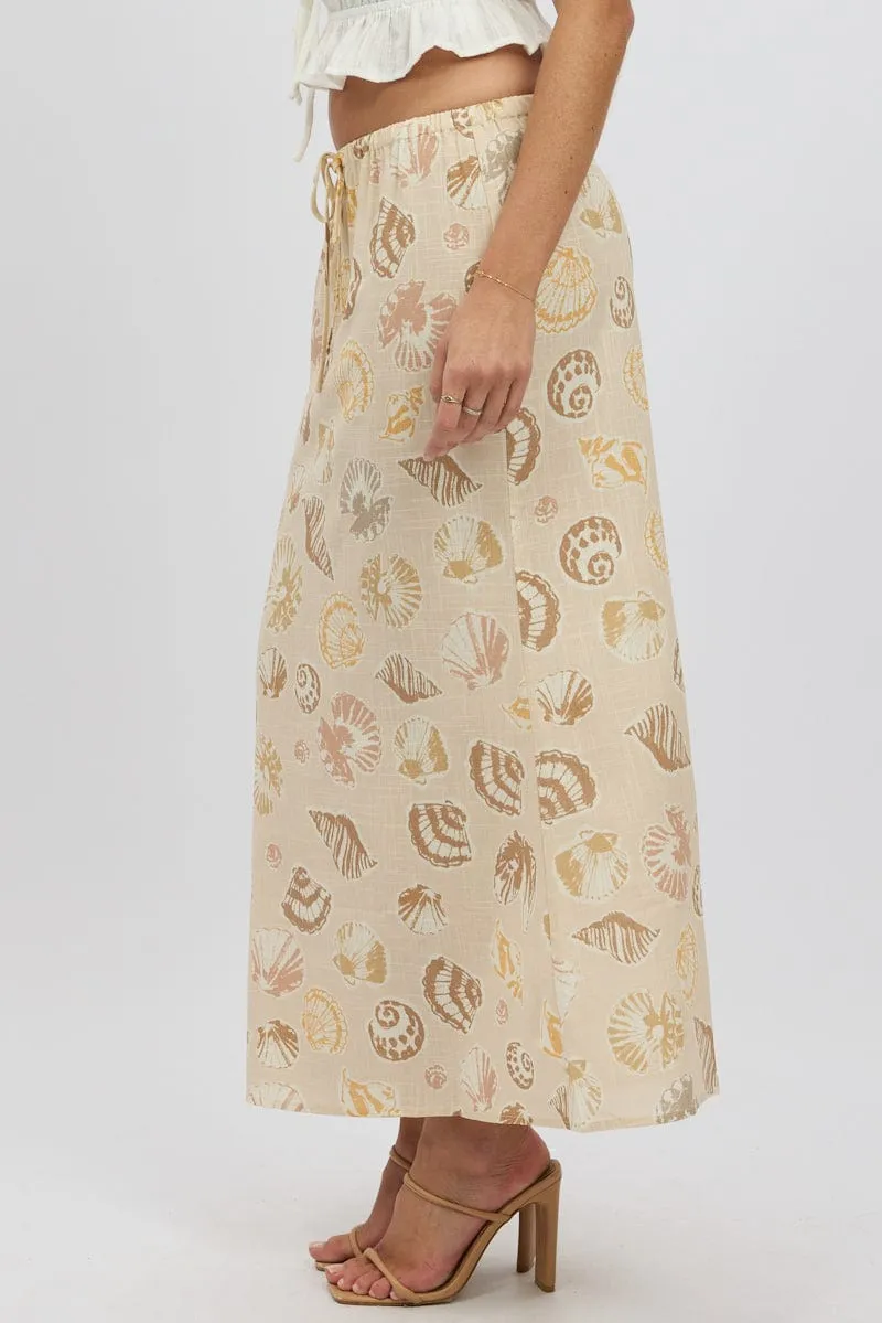 Beige Abstract Midaxi Skirt Relaxed Fit Elastic Waist