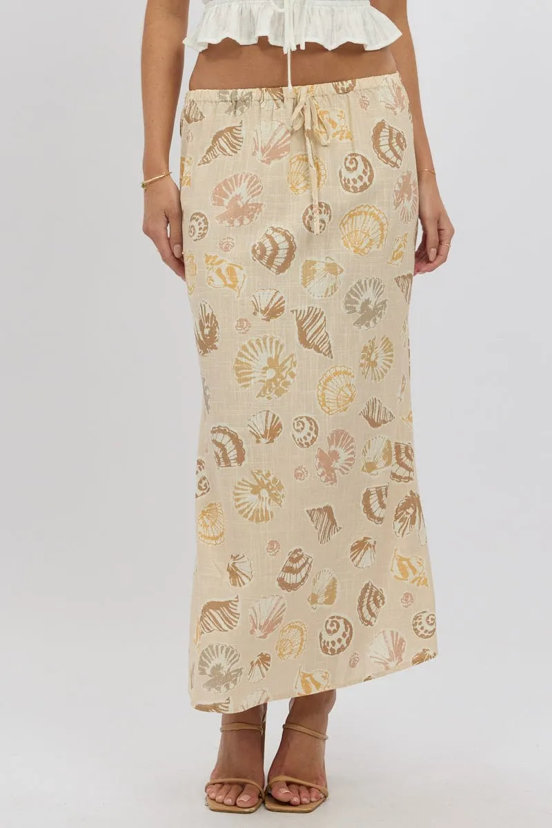 Beige Abstract Midaxi Skirt Relaxed Fit Elastic Waist