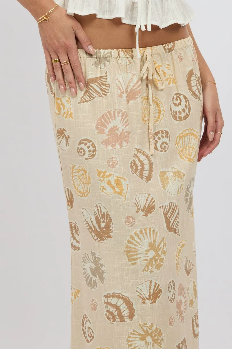 Beige Abstract Midaxi Skirt Relaxed Fit Elastic Waist