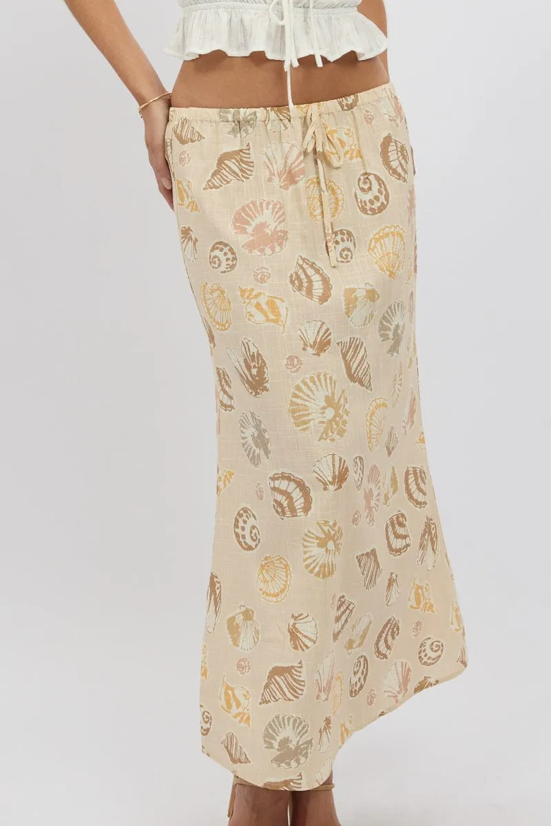 Beige Abstract Midaxi Skirt Relaxed Fit Elastic Waist