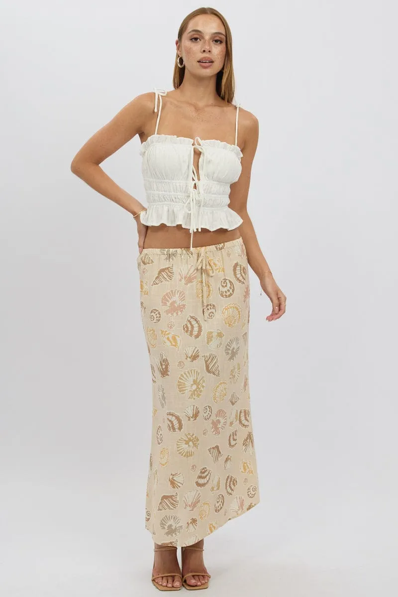 Beige Abstract Midaxi Skirt Relaxed Fit Elastic Waist