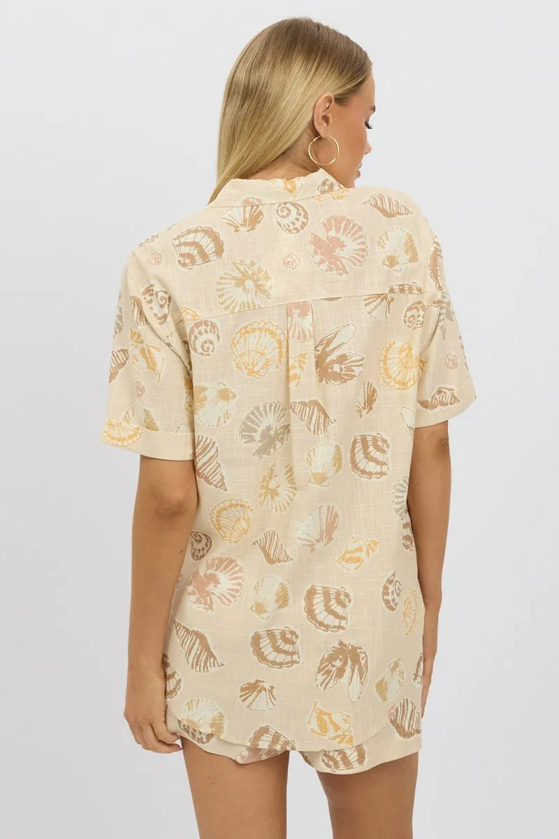 Beige Abstract Relaxed Shirt Short Sleeve Linen Blend