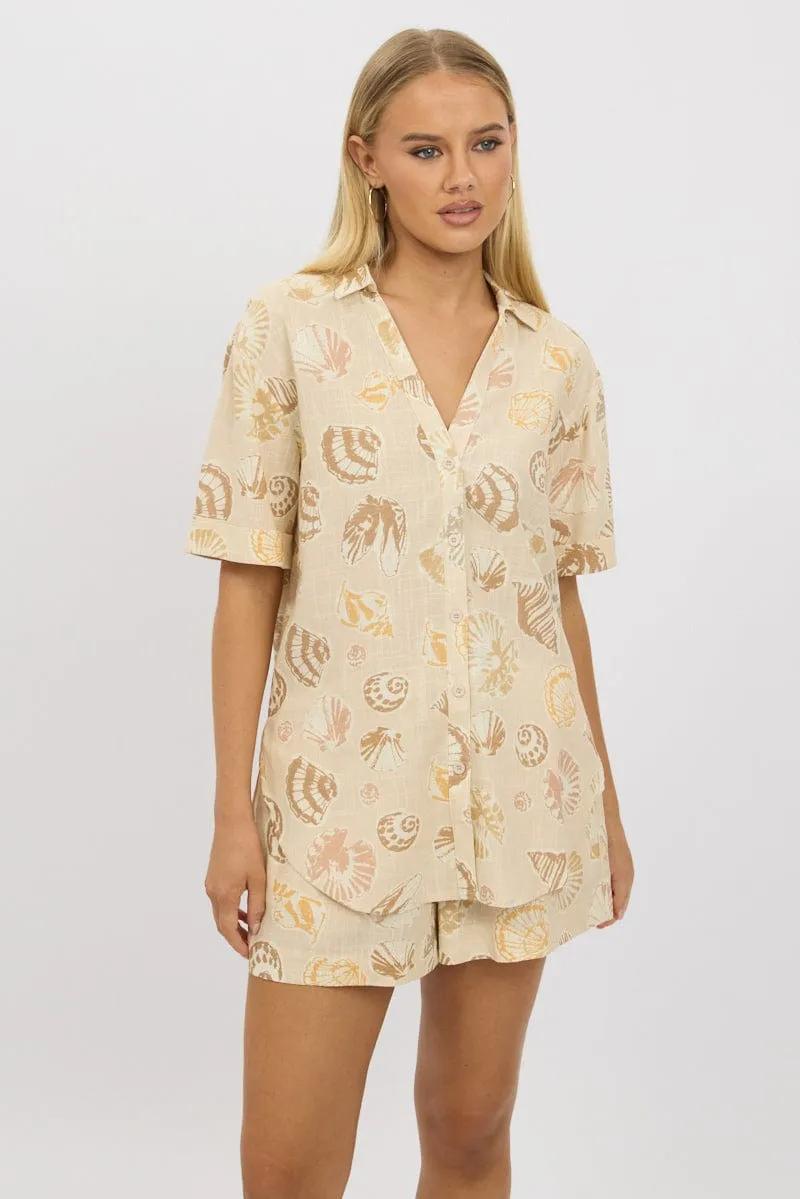 Beige Abstract Relaxed Shirt Short Sleeve Linen Blend