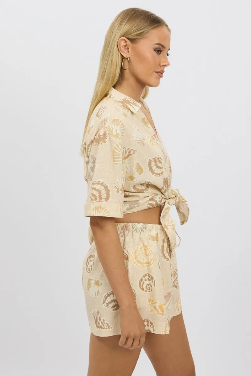 Beige Abstract Relaxed Shirt Short Sleeve Linen Blend