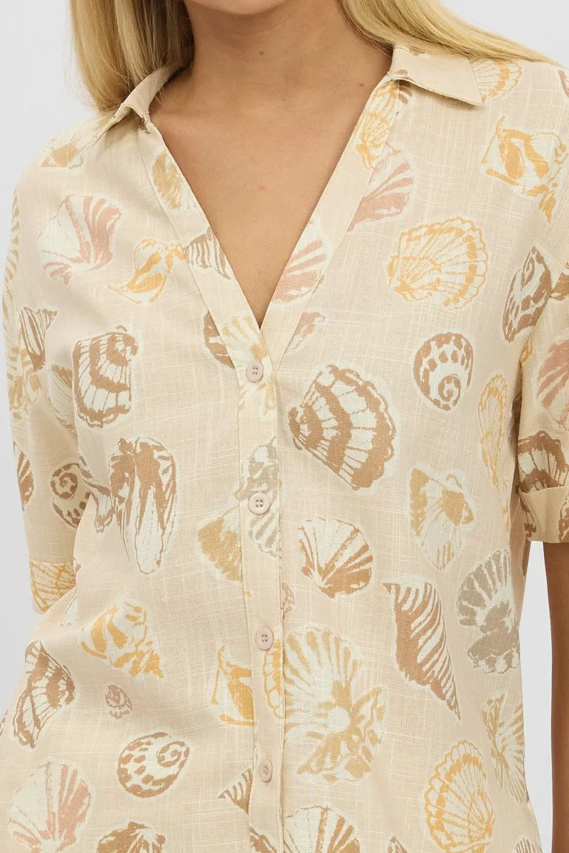 Beige Abstract Relaxed Shirt Short Sleeve Linen Blend