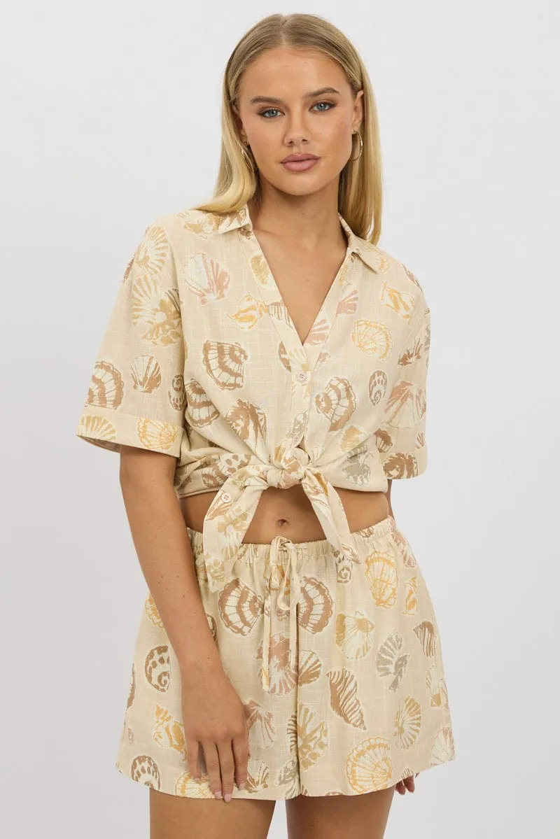 Beige Abstract Relaxed Shirt Short Sleeve Linen Blend