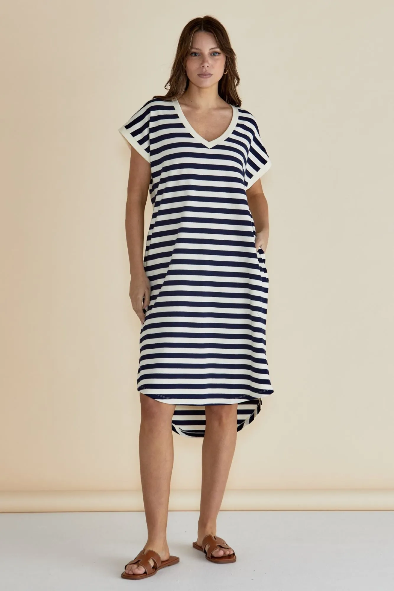 Betty Basics Jolene T-Shirt Dress Navy Cream Stripe