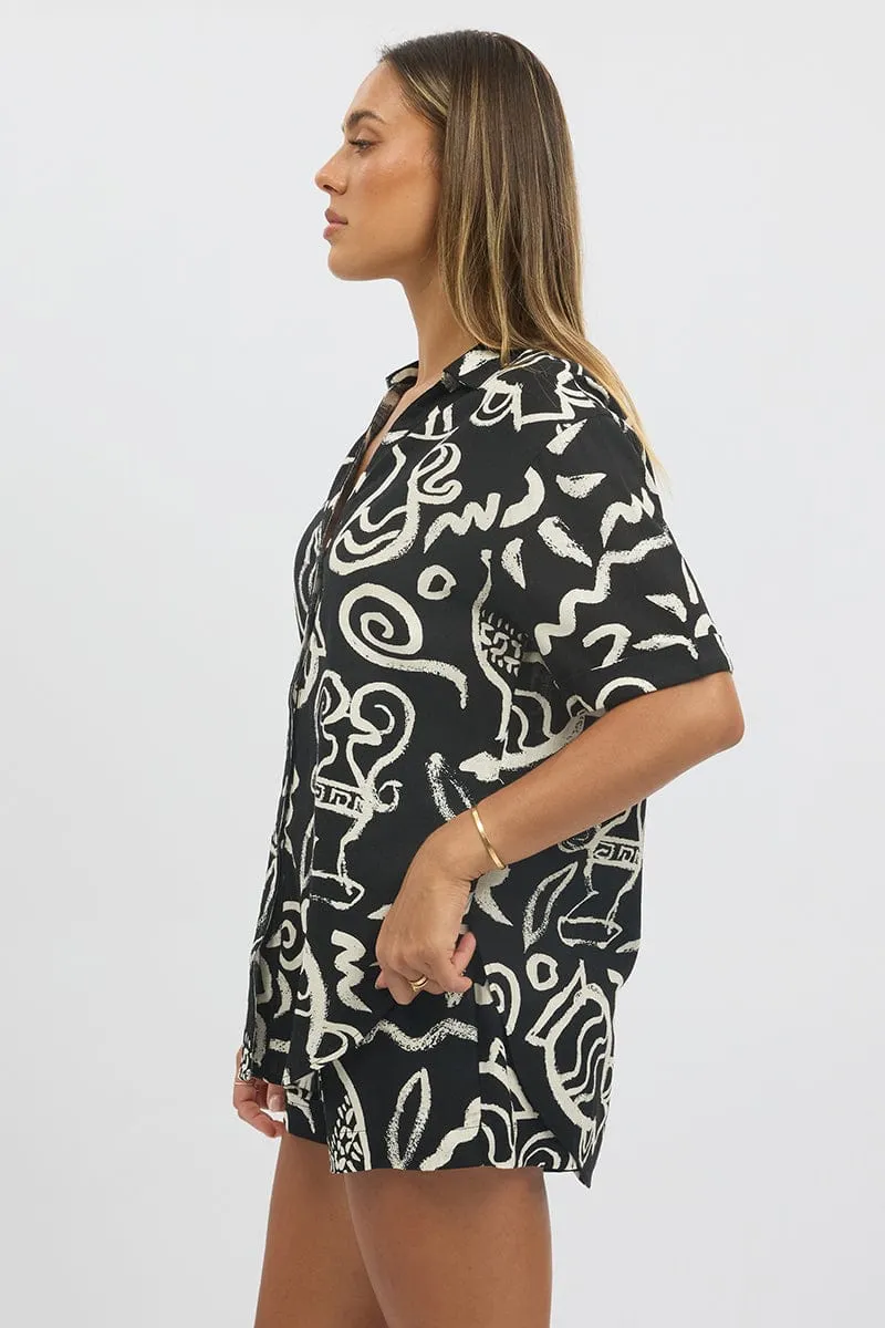 Black Abstract Relaxed Shirt Short Sleeve