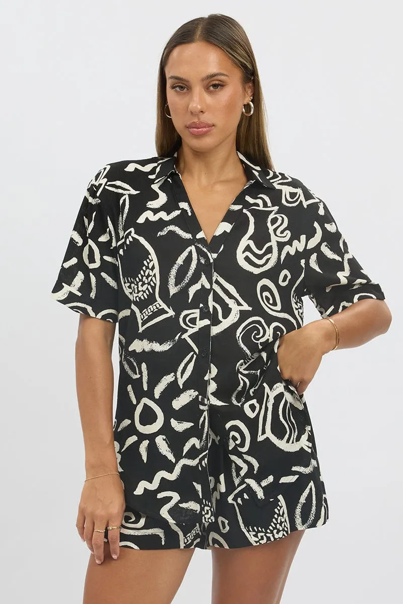 Black Abstract Relaxed Shirt Short Sleeve