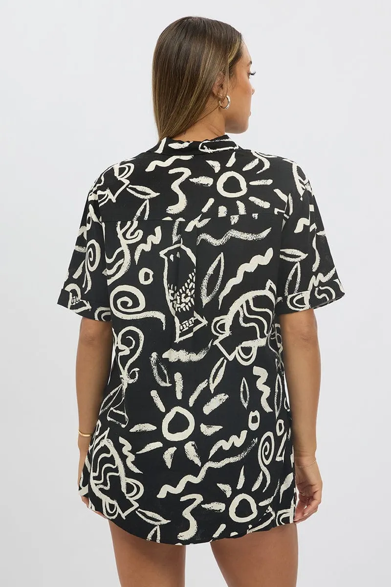 Black Abstract Relaxed Shirt Short Sleeve