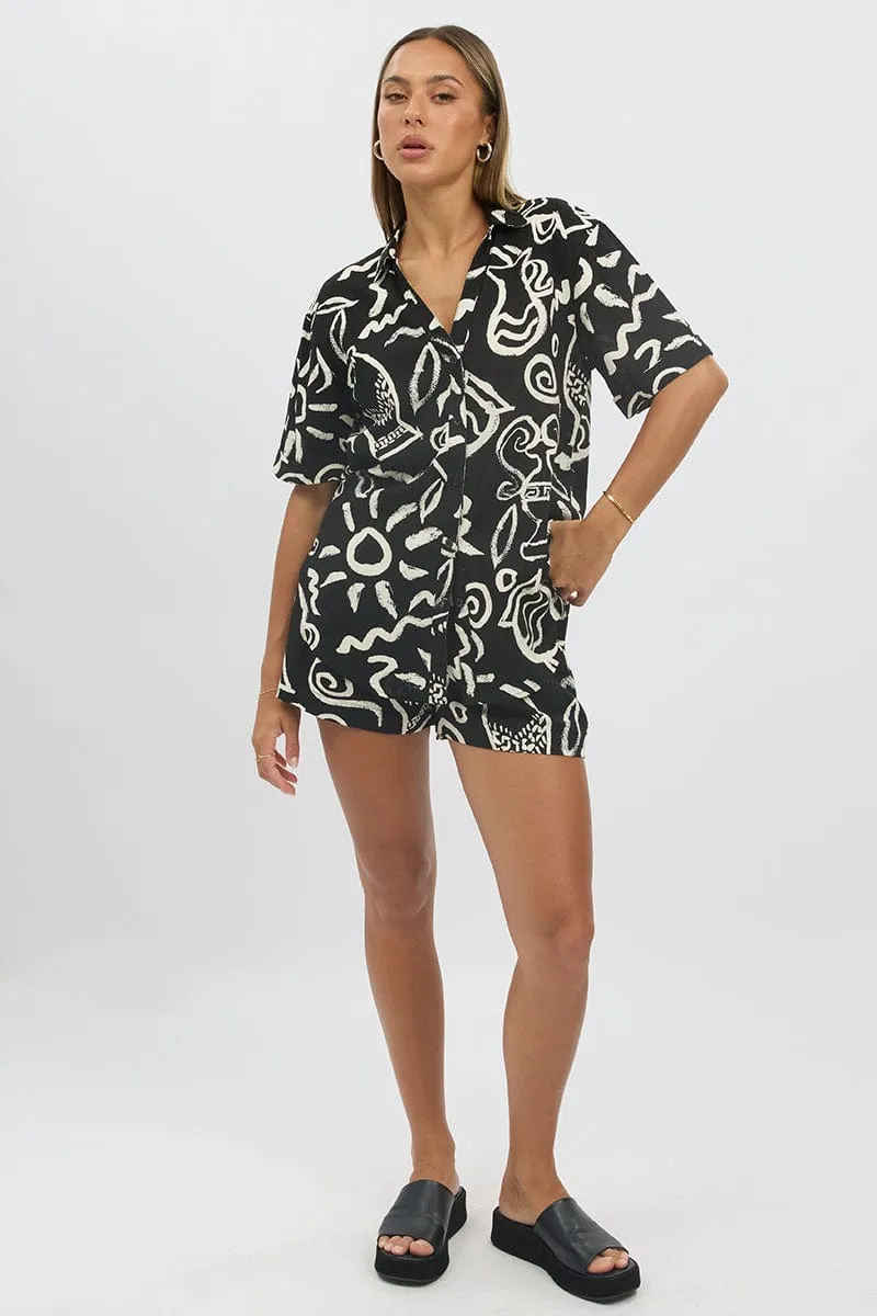 Black Abstract Relaxed Shirt Short Sleeve