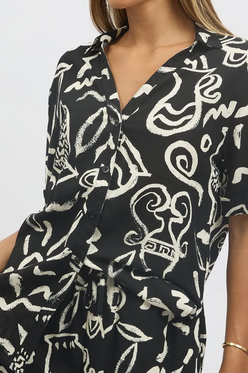 Black Abstract Relaxed Shirt Short Sleeve