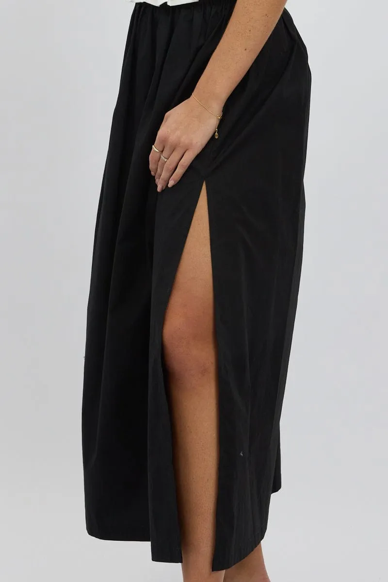 Black Maxi Skirt Shirred Waist Relaxed Fit
