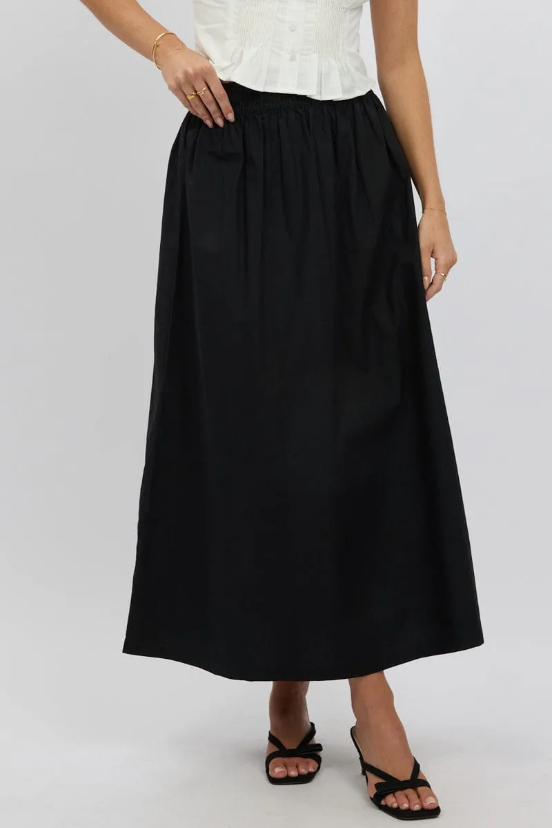 Black Maxi Skirt Shirred Waist Relaxed Fit