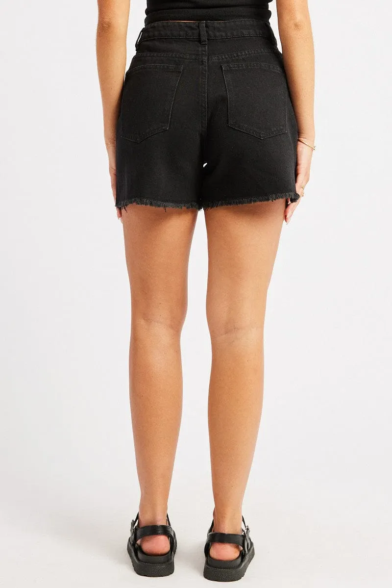 Black Relaxed Denim Short Mid Rise