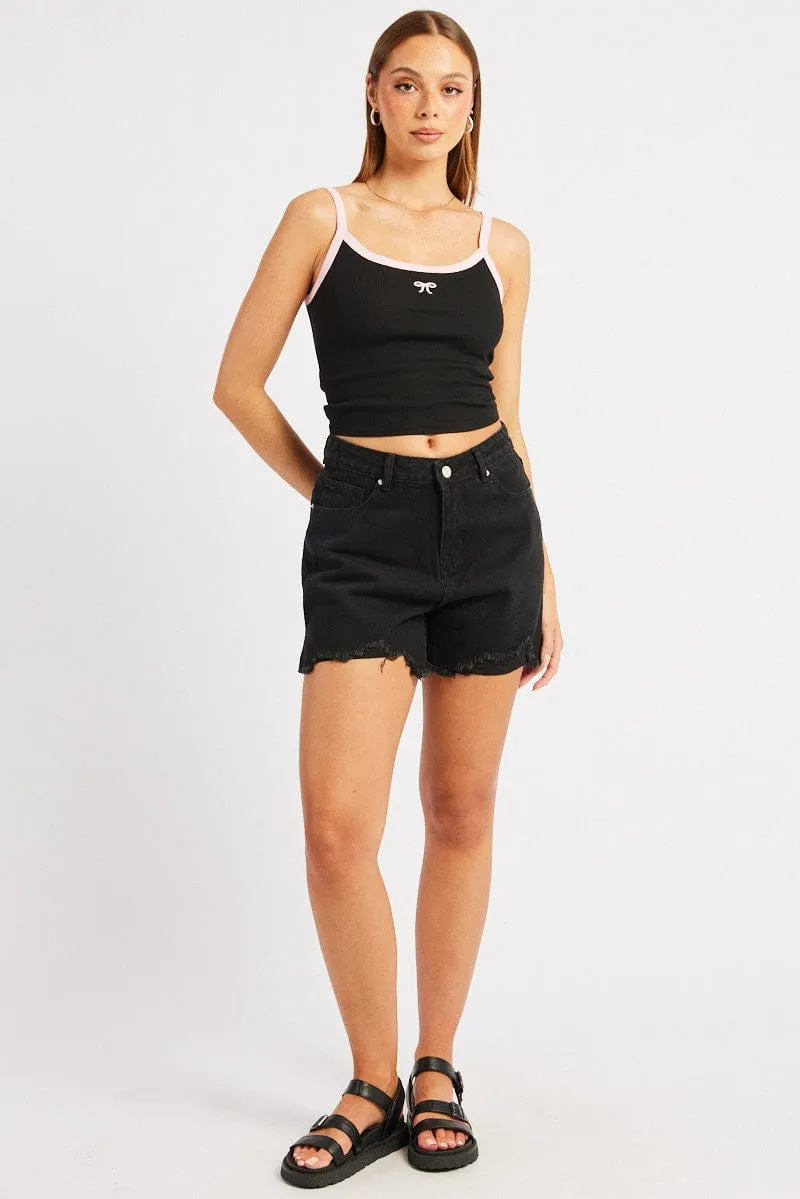Black Relaxed Denim Short Mid Rise