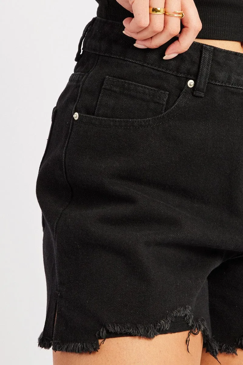 Black Relaxed Denim Short Mid Rise