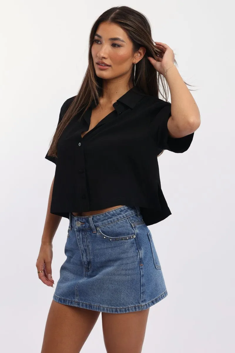 Black Relaxed Shirt Short Sleeve Collared Cupro Blend