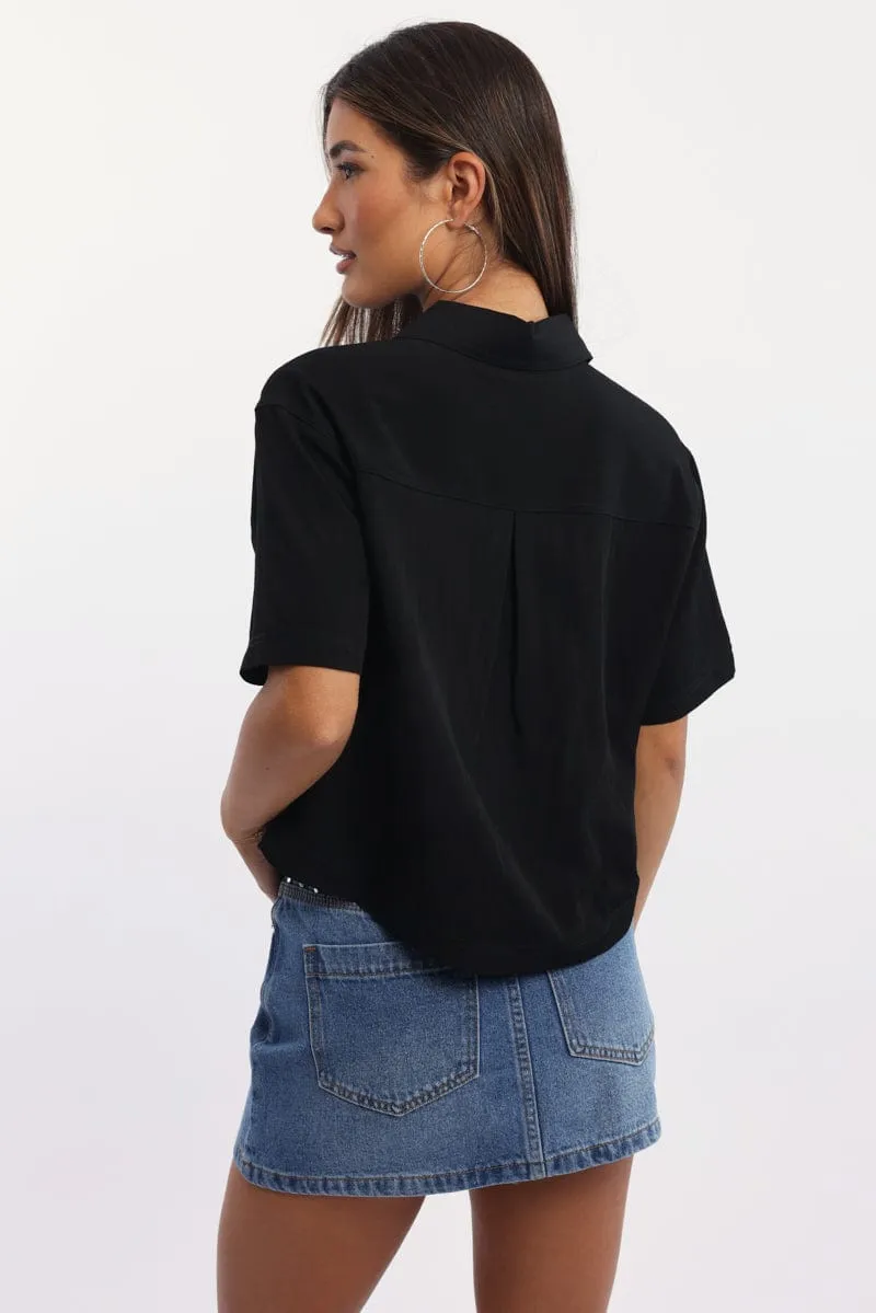 Black Relaxed Shirt Short Sleeve Collared Cupro Blend