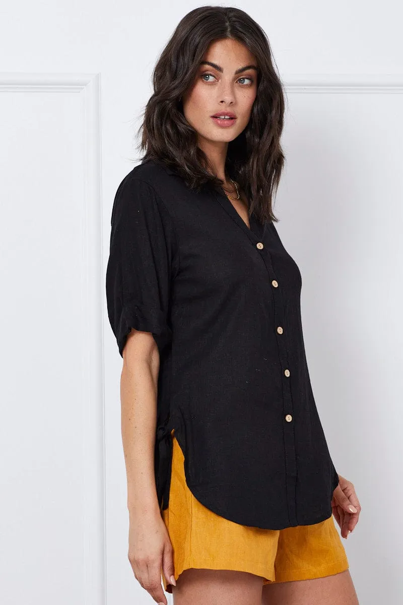 Black Relaxed Top Short Sleeve Linen