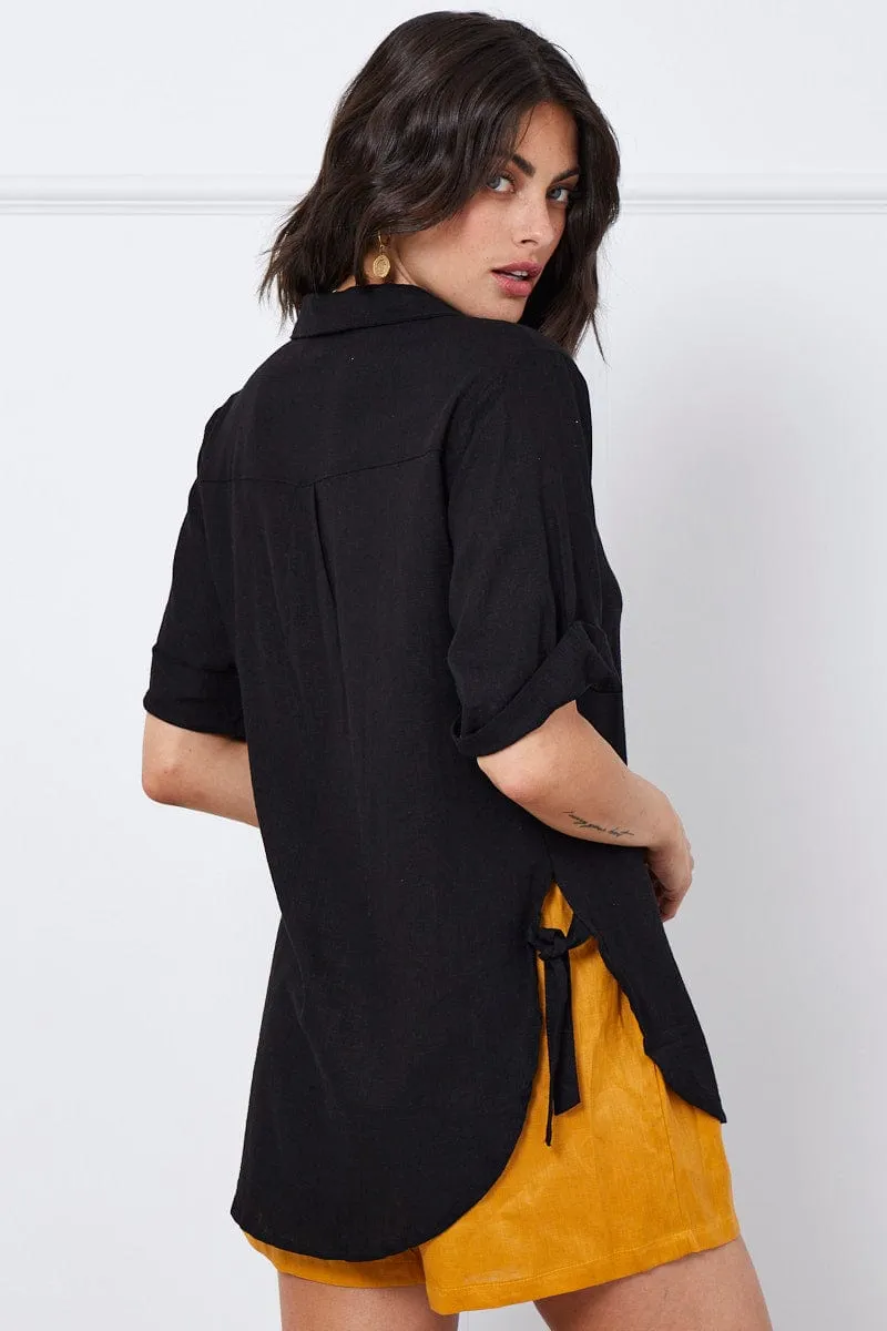 Black Relaxed Top Short Sleeve Linen