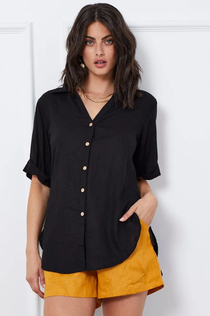 Black Relaxed Top Short Sleeve Linen