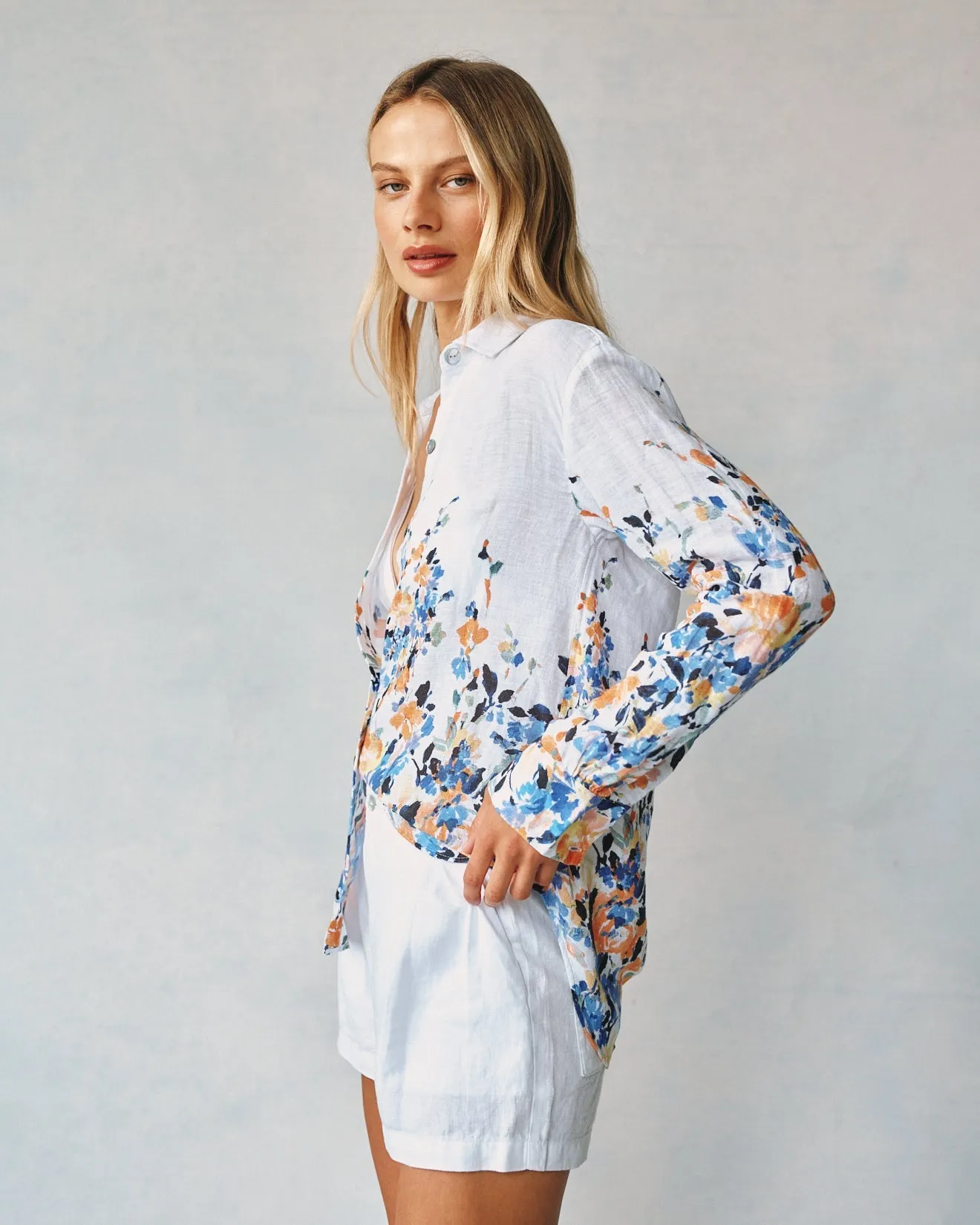 Boyfriend Button Down - Floral Border Print