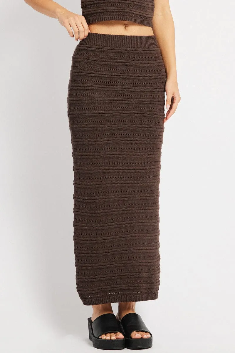 Brown Crochet Skirt High Rise Elastic Waistband Midi