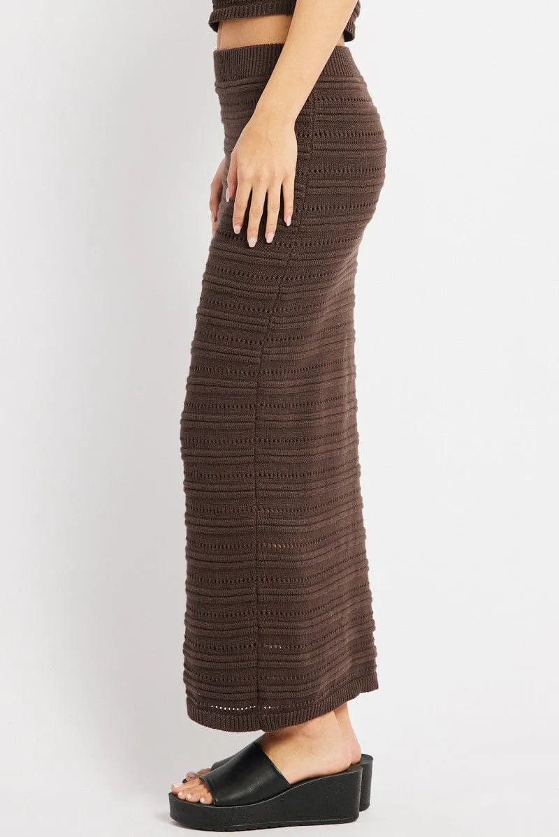 Brown Crochet Skirt High Rise Elastic Waistband Midi