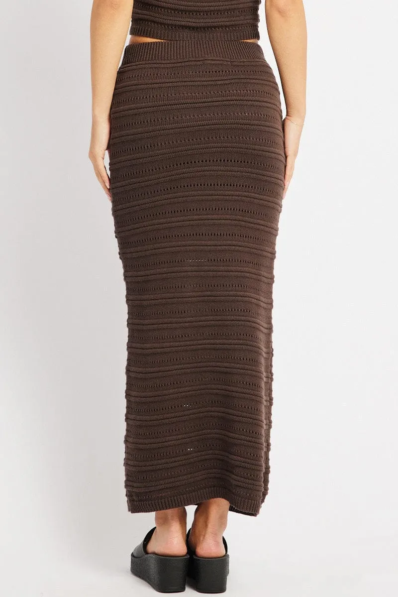 Brown Crochet Skirt High Rise Elastic Waistband Midi