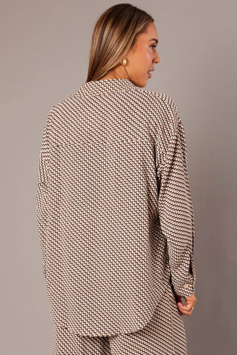 Brown Geo Relaxed Shirt Long Sleeve