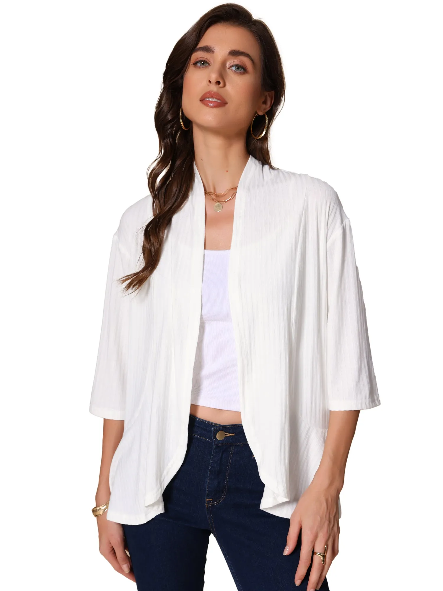 Casual Open Front Lightweight 3/4 Sleeve Irregular Hem Cardigants