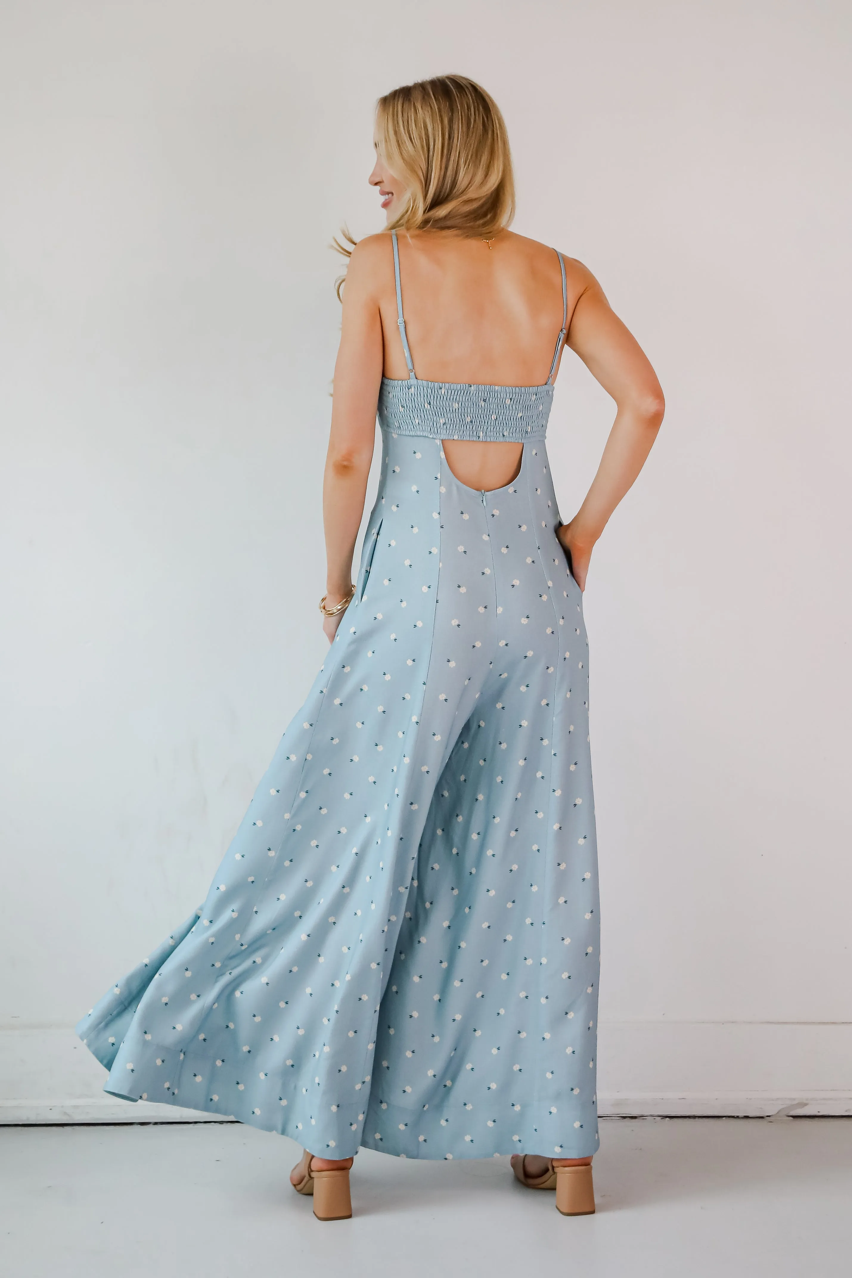 Cheerful Season Denim Floral Wide Leg Jumpsuit
