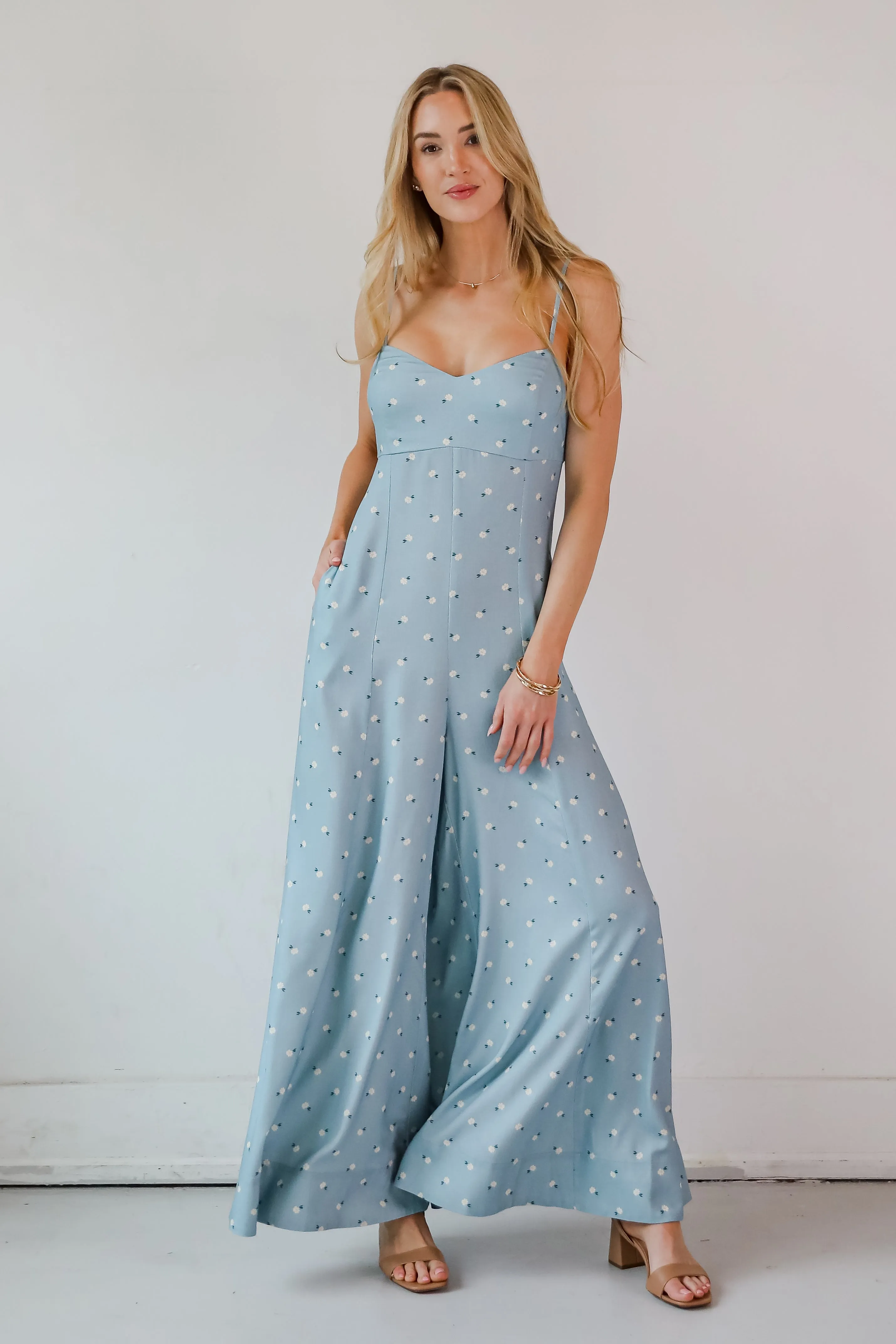Cheerful Season Denim Floral Wide Leg Jumpsuit