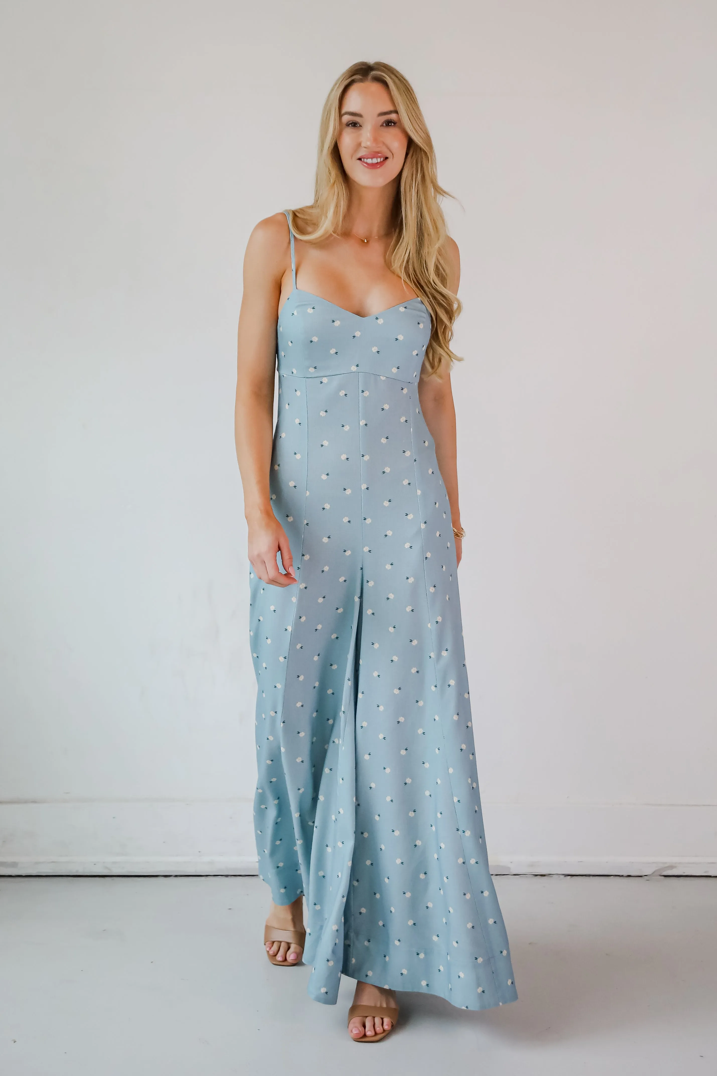 Cheerful Season Denim Floral Wide Leg Jumpsuit