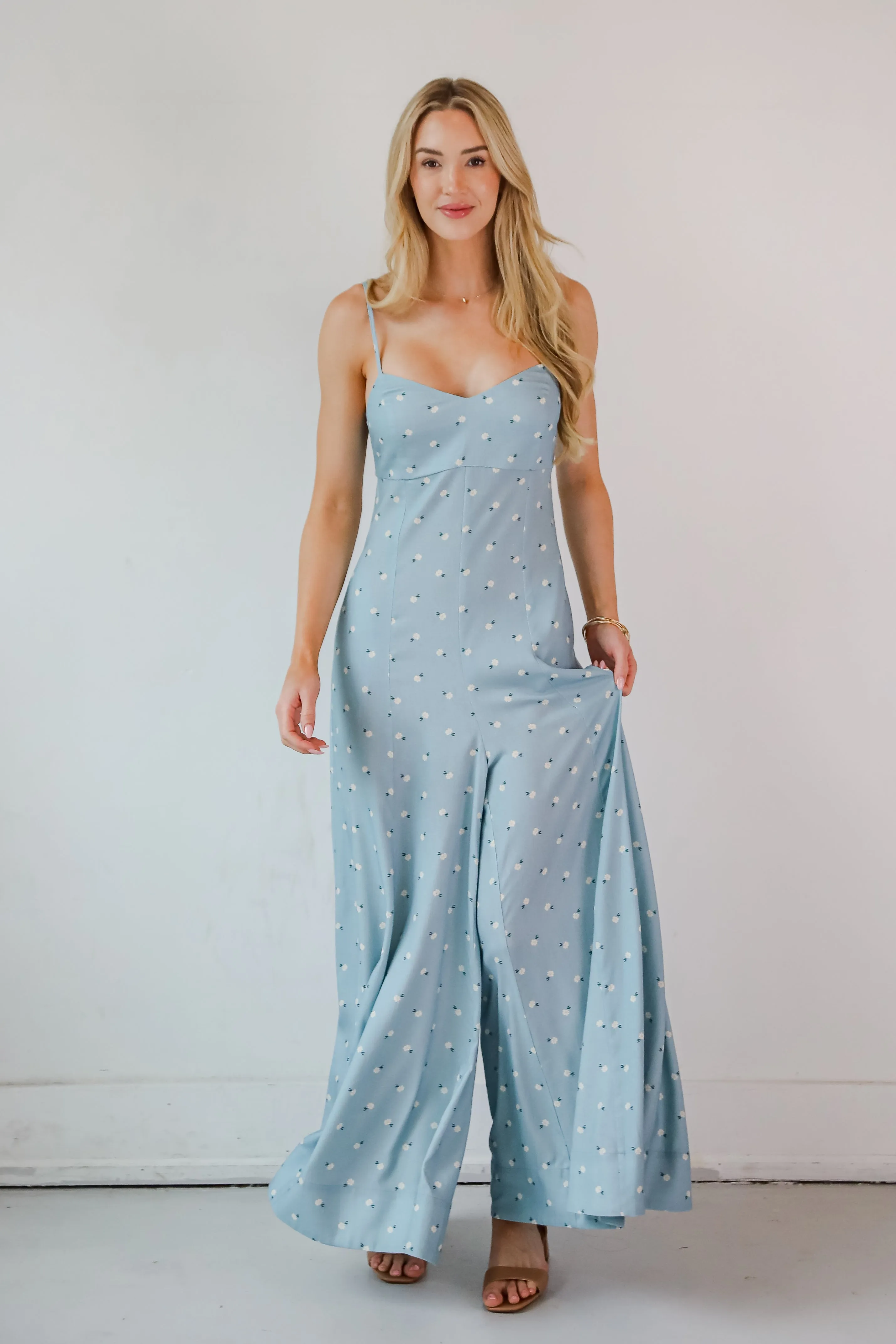 Cheerful Season Denim Floral Wide Leg Jumpsuit
