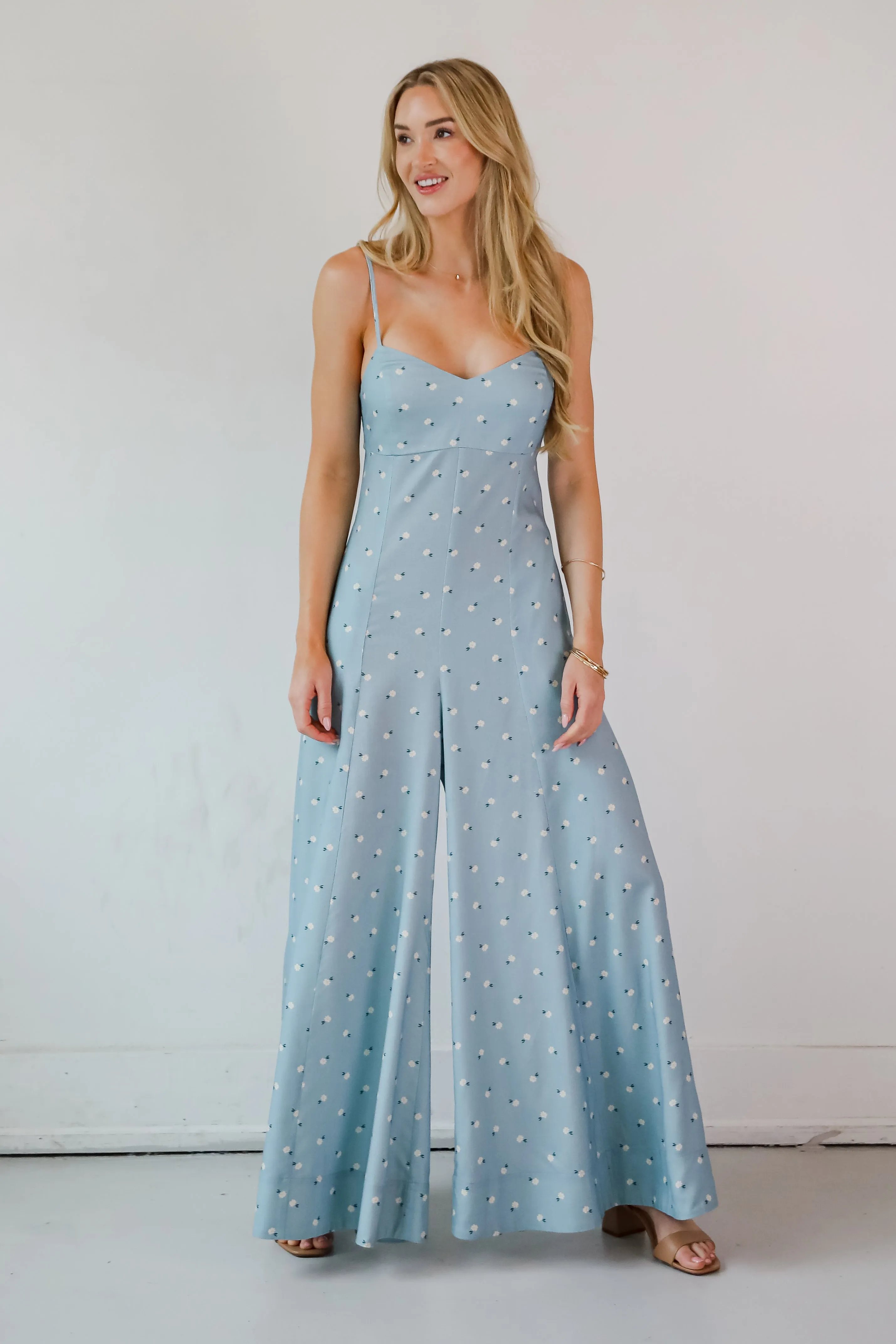 Cheerful Season Denim Floral Wide Leg Jumpsuit