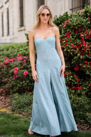 Cheerful Season Denim Floral Wide Leg Jumpsuit