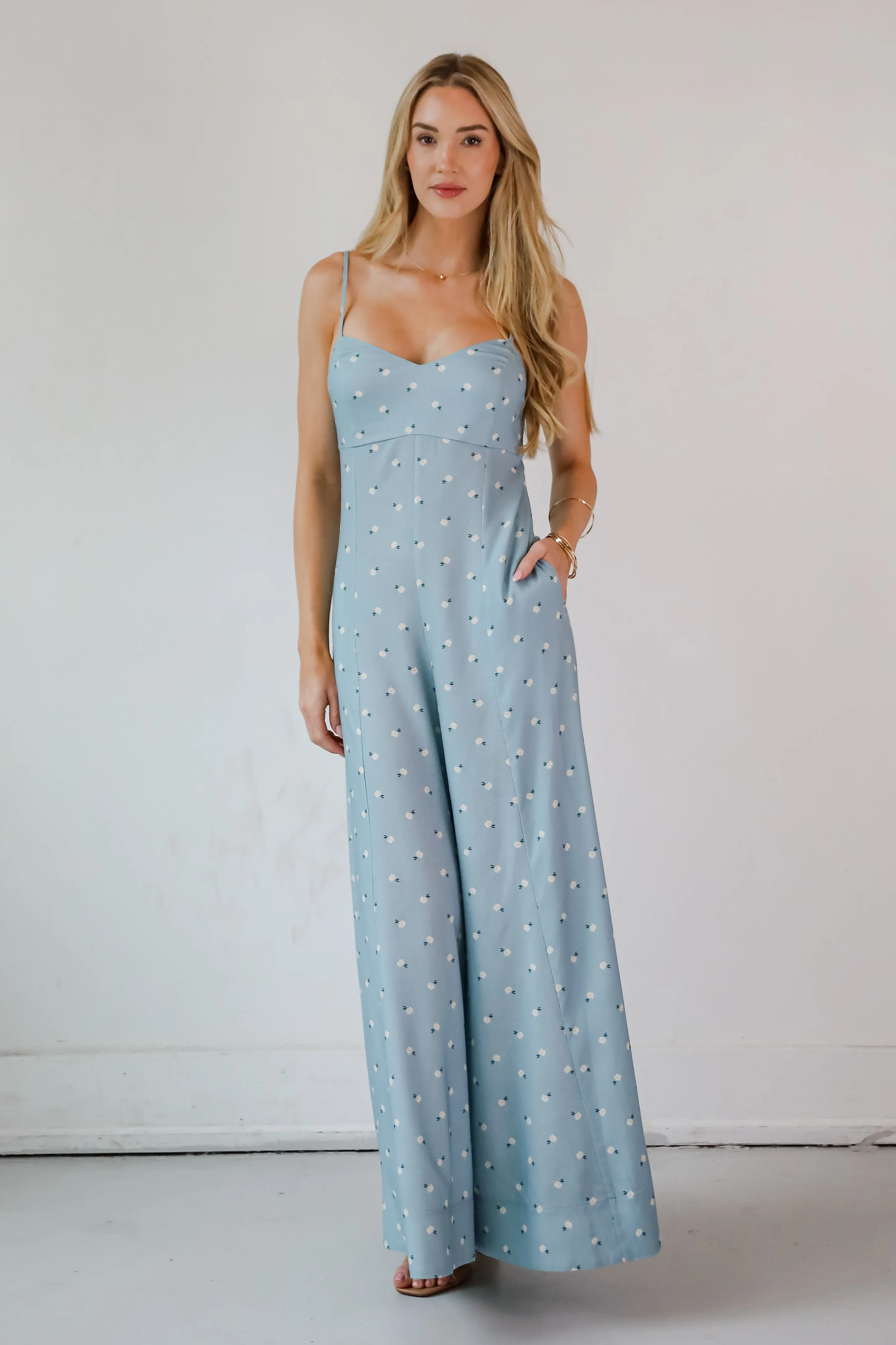 Cheerful Season Denim Floral Wide Leg Jumpsuit