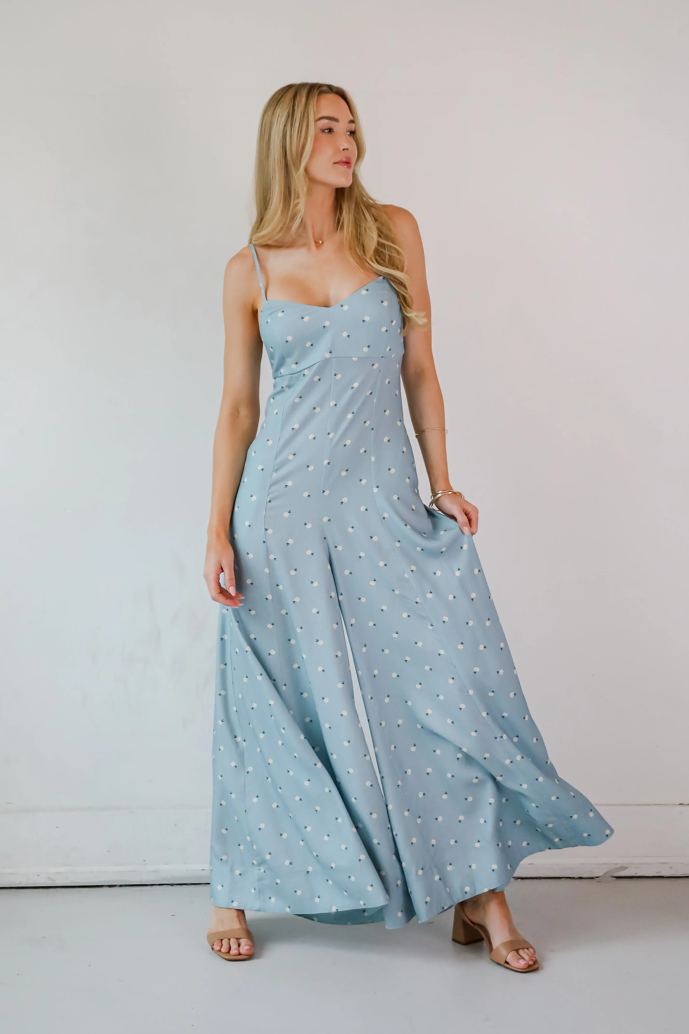 Cheerful Season Denim Floral Wide Leg Jumpsuit