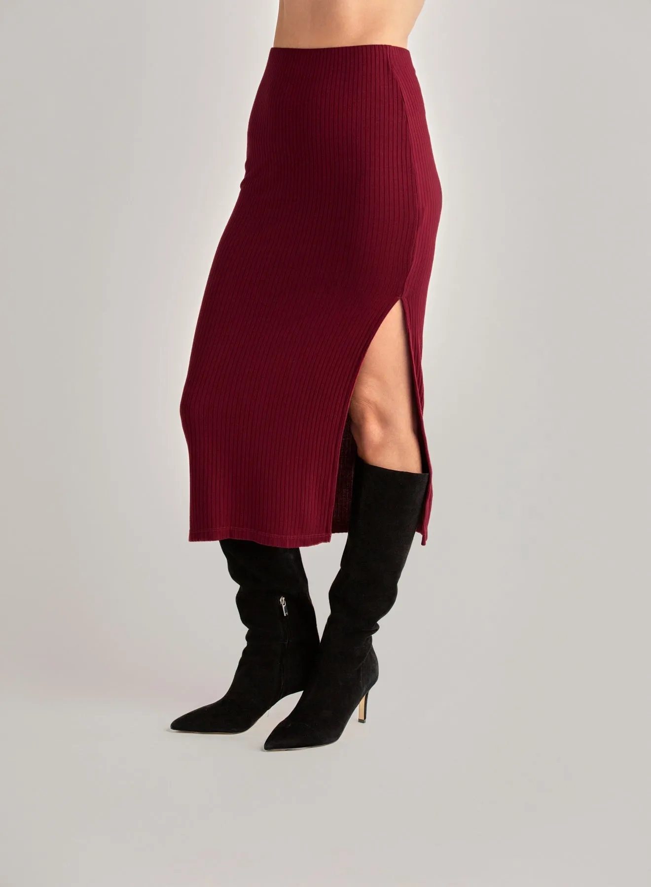Clean Waist Knit Skirt with Side Slit - Deep Merlot