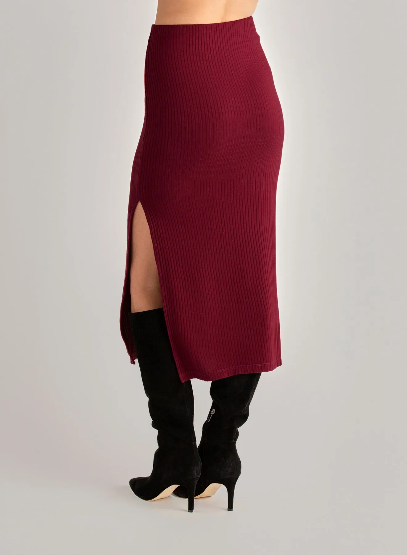 Clean Waist Knit Skirt with Side Slit - Deep Merlot