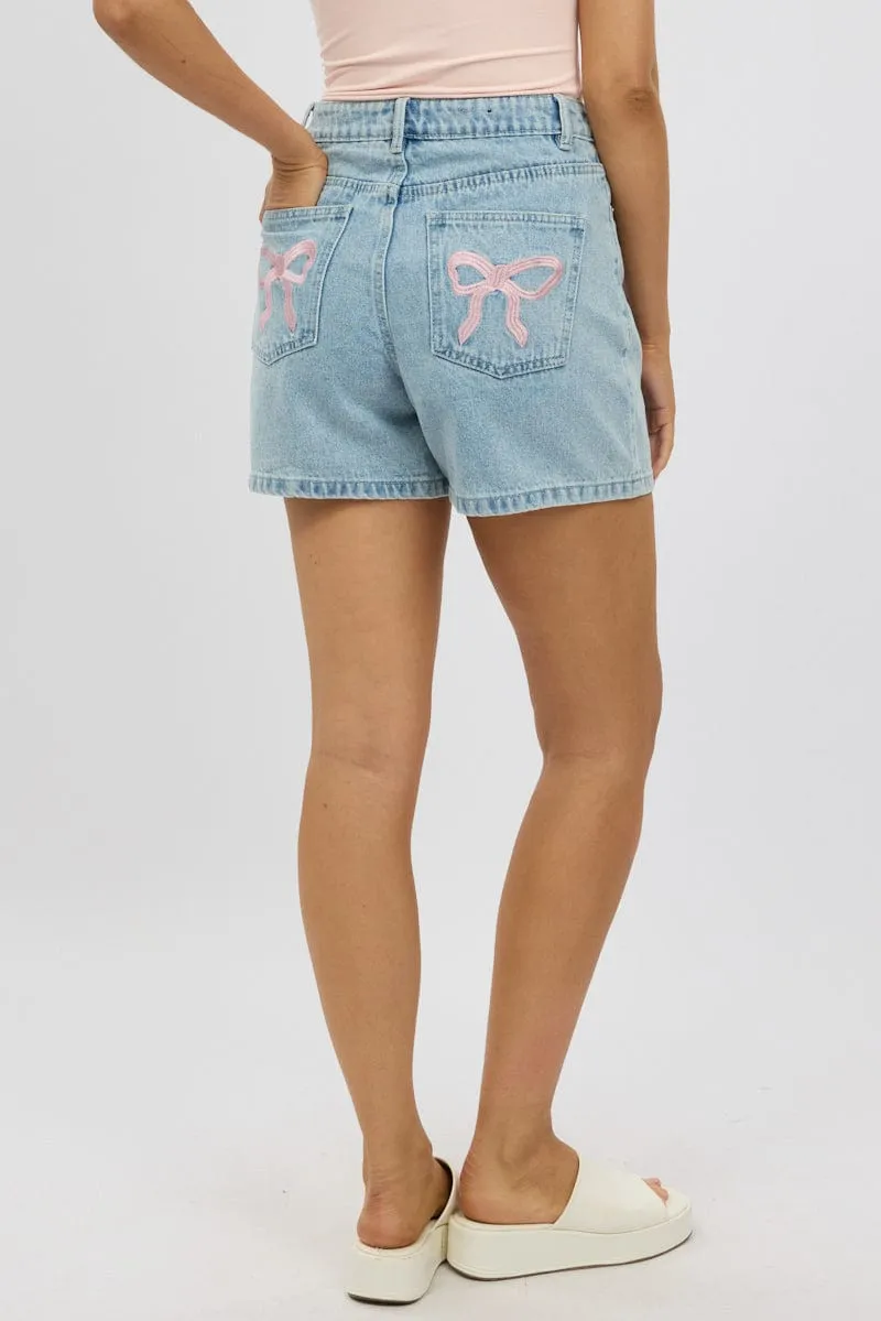 Denim Relaxed Shorts Mid Rise Bow Tie