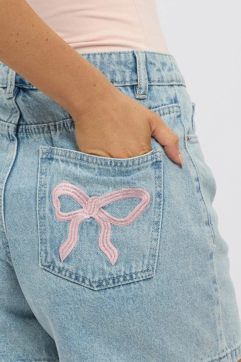 Denim Relaxed Shorts Mid Rise Bow Tie