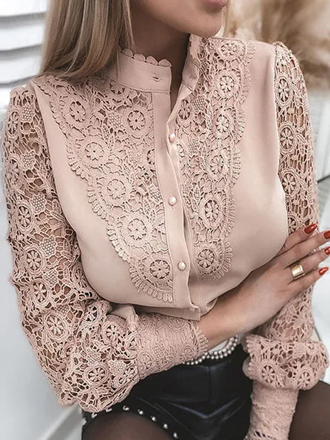 Elegant Office Ladies White Collared Lace Blouse