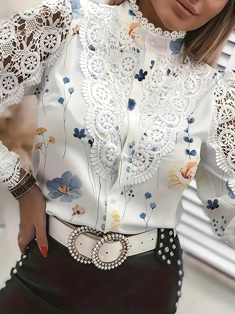 Elegant Office Ladies White Collared Lace Blouse