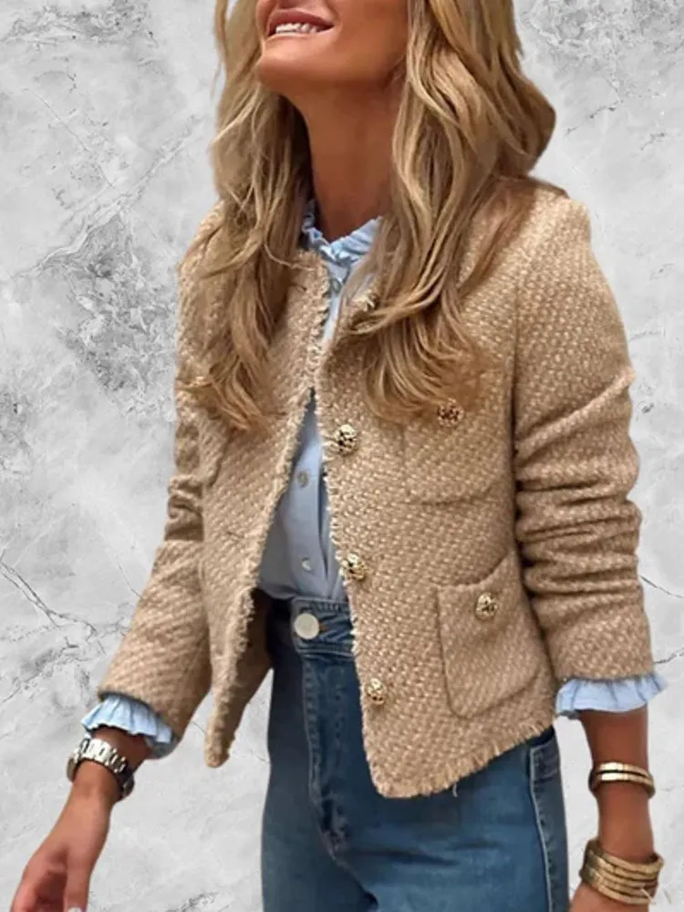 Fashion O-neck Pocket Tweed Short Coats