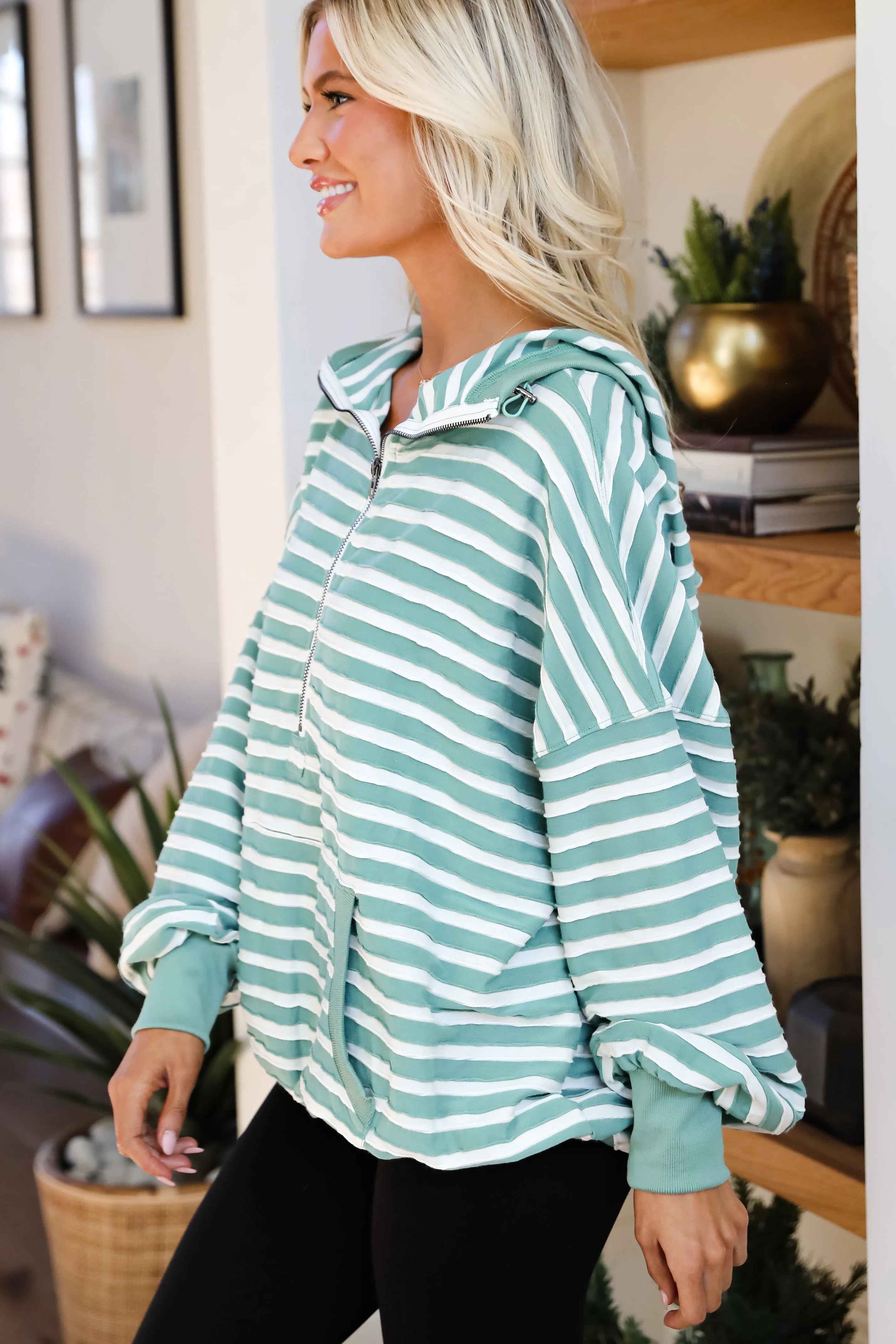 FINAL SALE - Daily Direction Sage Striped Hooded Pullover