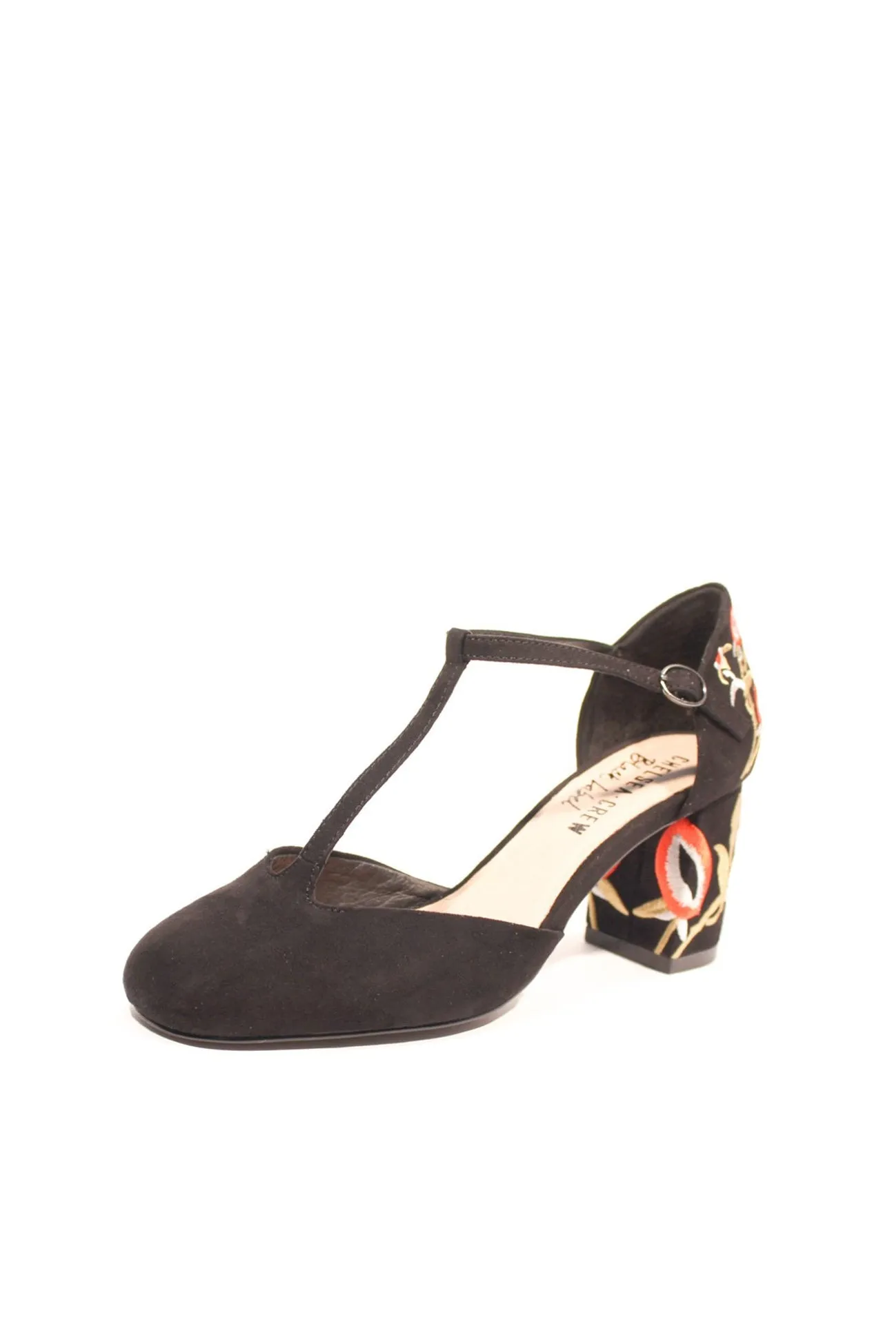 Frenchie T-Strap Embroidered Heels